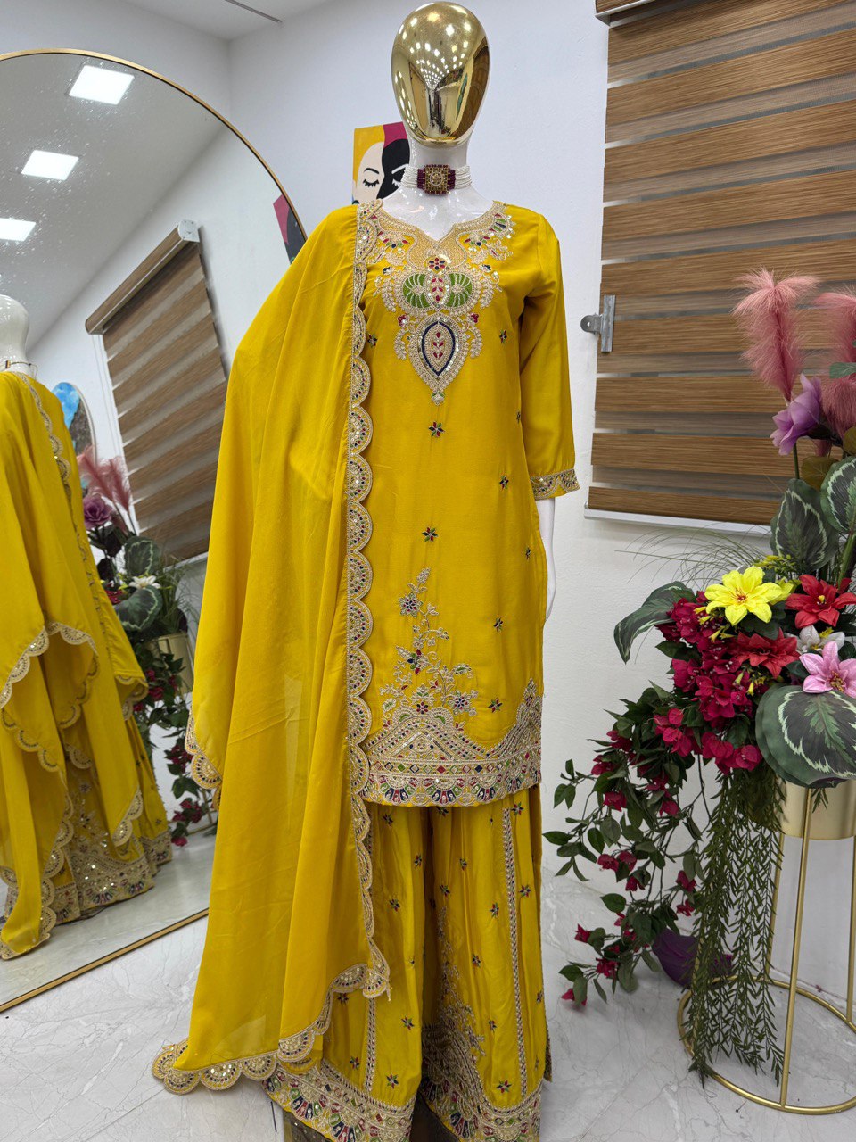 Yellow Color Embroidered Wedding Wear Chinon Silk Sharara Suit