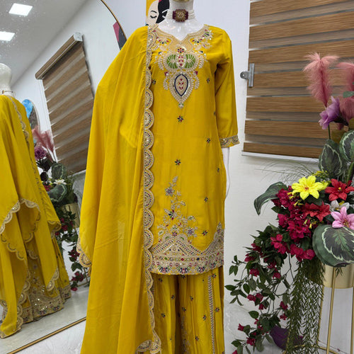 Yellow Color Embroidered Wedding Wear Chinon Silk Sharara Suit