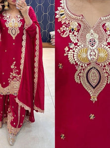 Pink Color Embroidered Wedding Wear Chinon Silk Sharara Suit