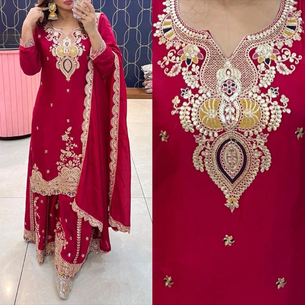 Pink Color Embroidered Wedding Wear Chinon Silk Sharara Suit