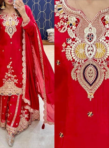 Red Color Embroidered Wedding Wear Chinon Silk Sharara Suit