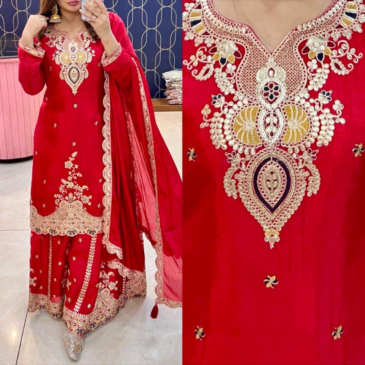 Red Color Embroidered Wedding Wear Chinon Silk Sharara Suit
