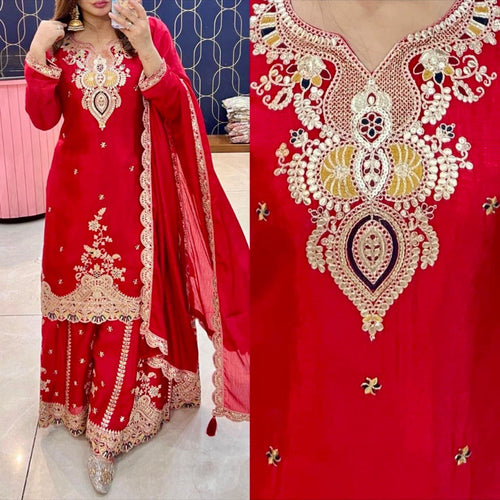 Red Color Embroidered Wedding Wear Chinon Silk Sharara Suit