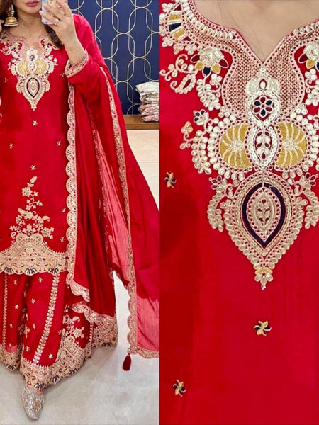 Red Color Embroidered Wedding Wear Chinon Silk Sharara Suit