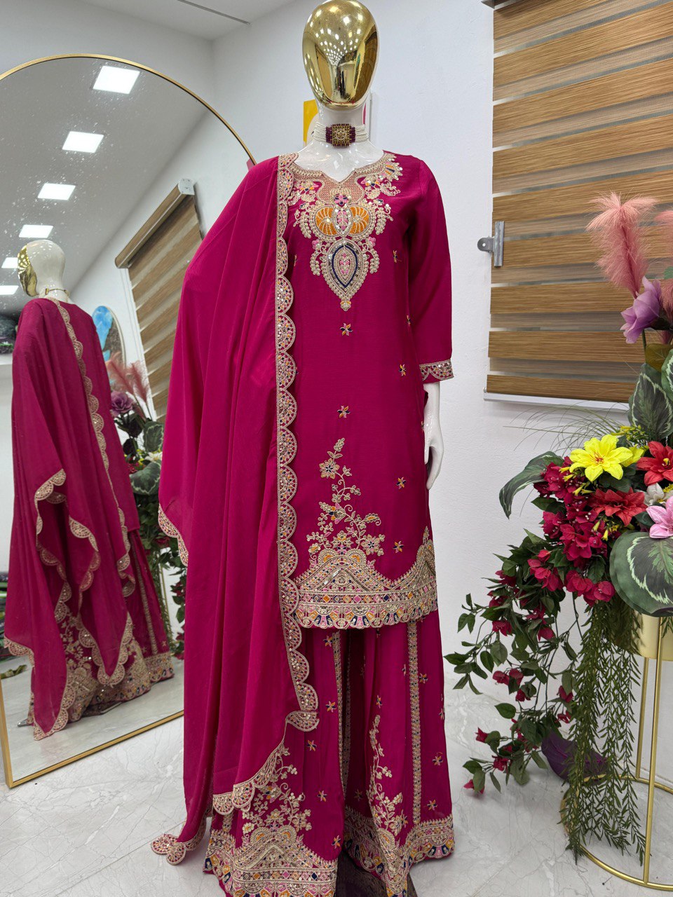 Pink Color Embroidered Wedding Wear Chinon Silk Sharara Suit
