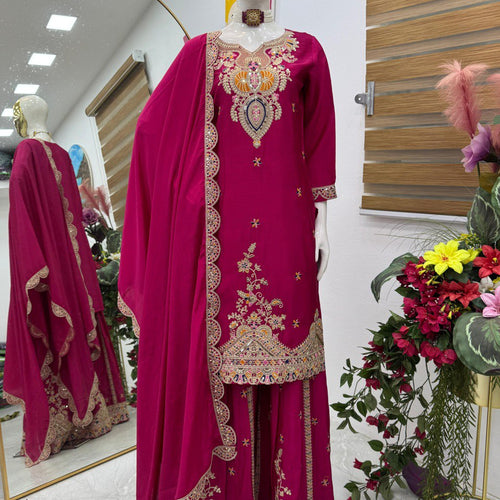 Pink Color Embroidered Wedding Wear Chinon Silk Sharara Suit