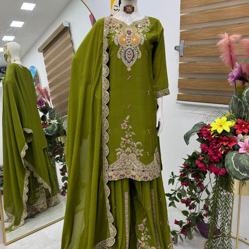 Green Color Embroidered Wedding Wear Chinon Silk Sharara Suit