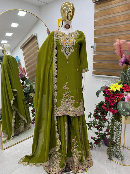 Green Color Embroidered Wedding Wear Chinon Silk Sharara Suit
