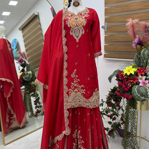 Red Color Embroidered Wedding Wear Chinon Silk Sharara Suit