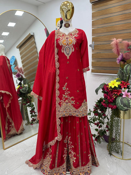 Red Color Embroidered Wedding Wear Chinon Silk Sharara Suit