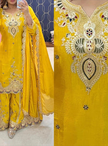 Yellow Color Embroidered Wedding Wear Chinon Silk Sharara Suit