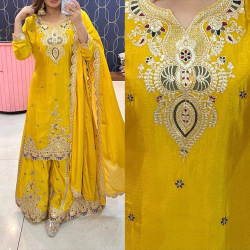 Yellow Color Embroidered Wedding Wear Chinon Silk Sharara Suit
