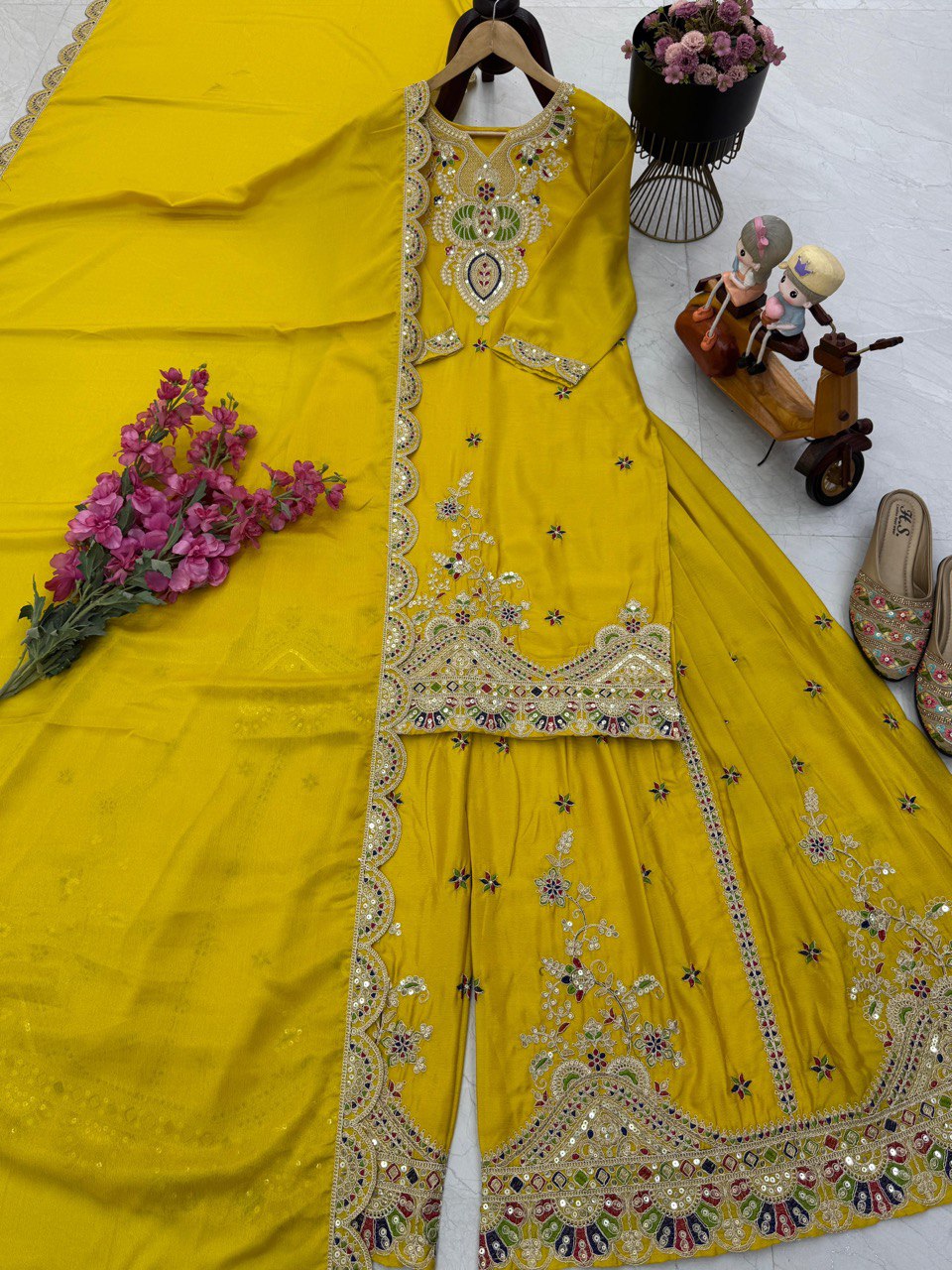 Yellow Color Embroidered Wedding Wear Chinon Silk Sharara Suit