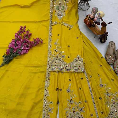 Yellow Color Embroidered Wedding Wear Chinon Silk Sharara Suit