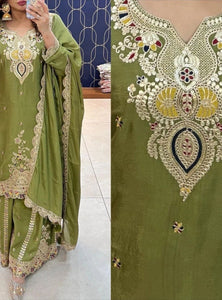 Green Color Embroidered Wedding Wear Chinon Silk Sharara Suit