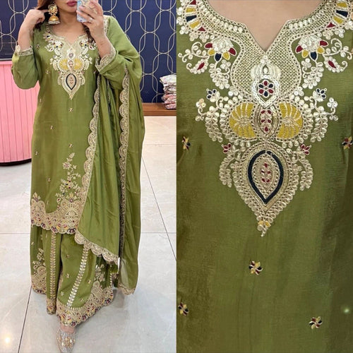 Green Color Embroidered Wedding Wear Chinon Silk Sharara Suit