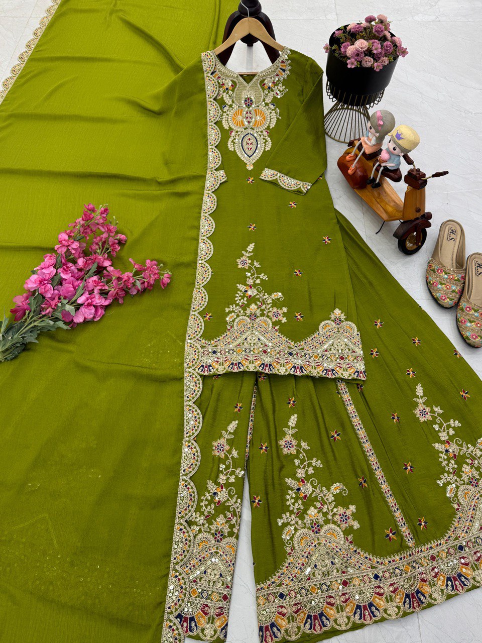 Green Color Embroidered Wedding Wear Chinon Silk Sharara Suit