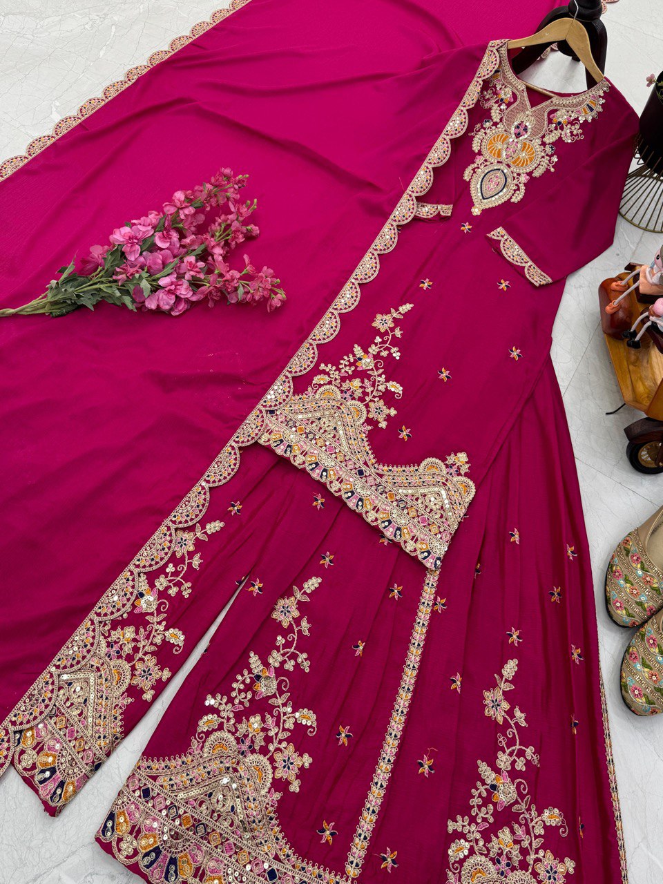 Pink Color Embroidered Wedding Wear Chinon Silk Sharara Suit