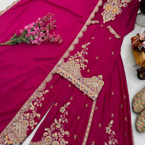 Pink Color Embroidered Wedding Wear Chinon Silk Sharara Suit