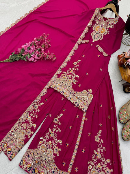 Pink Color Embroidered Wedding Wear Chinon Silk Sharara Suit
