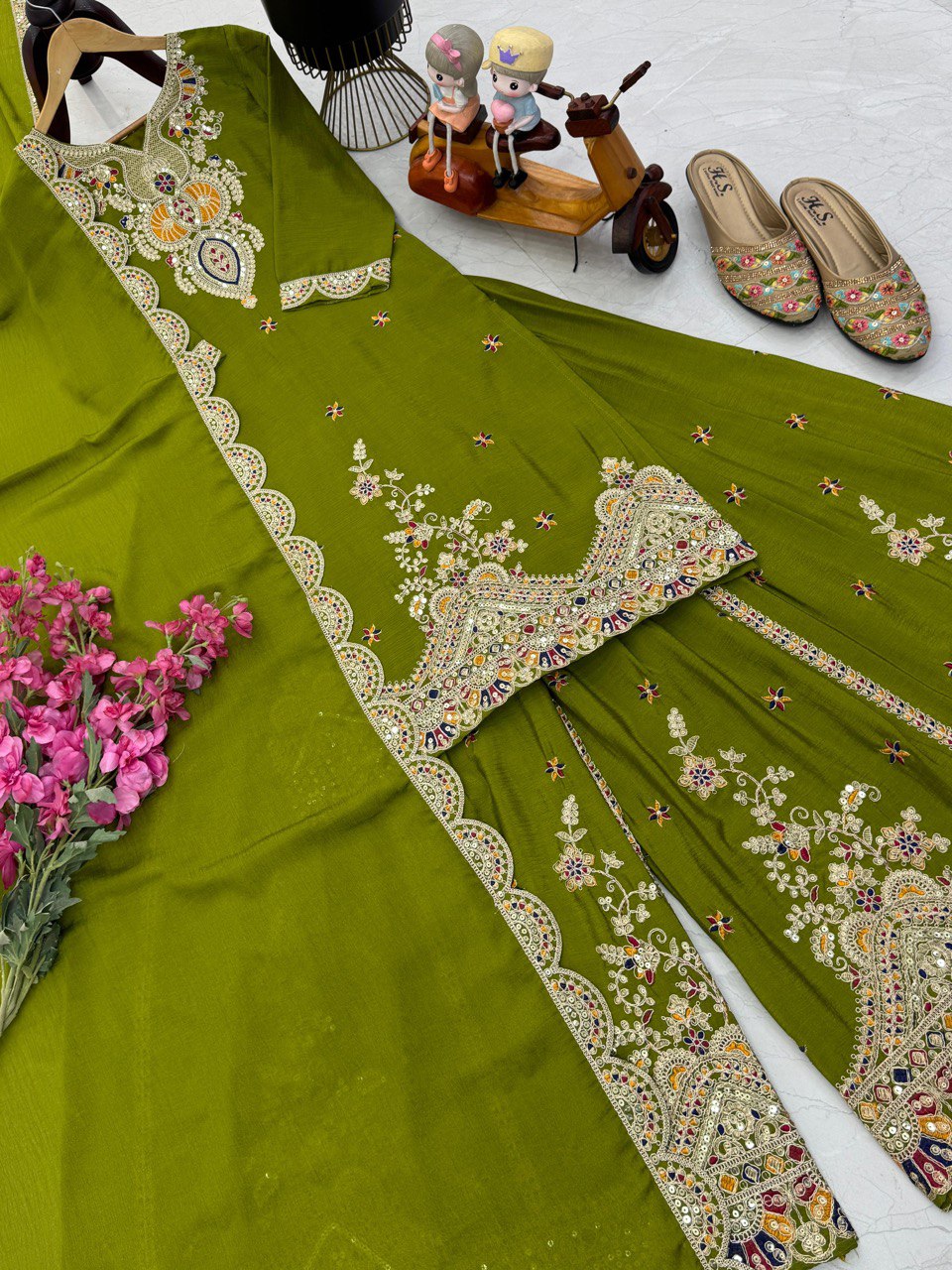 Green Color Embroidered Wedding Wear Chinon Silk Sharara Suit