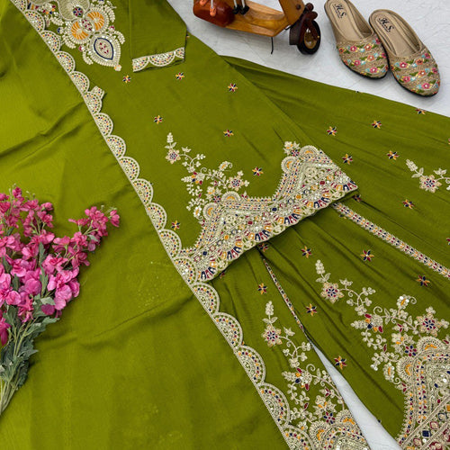 Green Color Embroidered Wedding Wear Chinon Silk Sharara Suit
