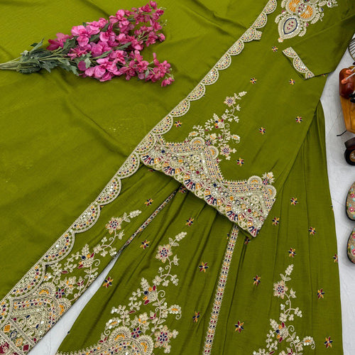 Green Color Embroidered Wedding Wear Chinon Silk Sharara Suit