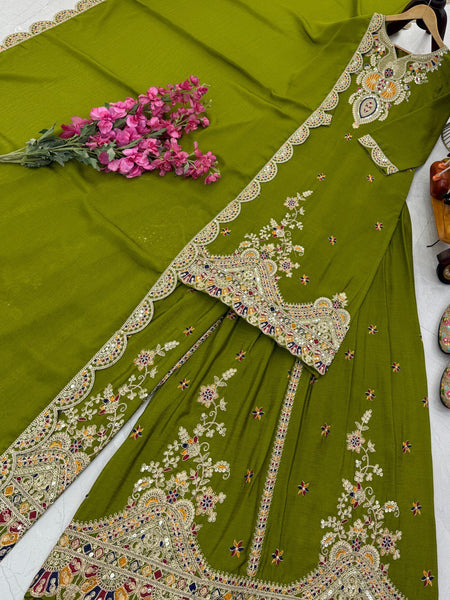 Green Color Embroidered Wedding Wear Chinon Silk Sharara Suit