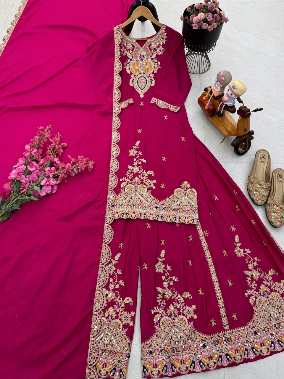 Pink Color Embroidered Wedding Wear Chinon Silk Sharara Suit