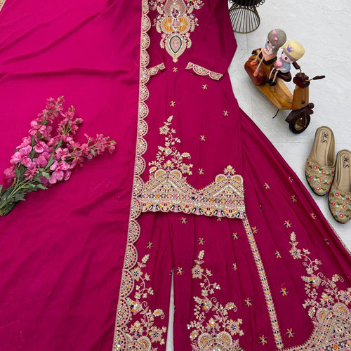 Pink Color Embroidered Wedding Wear Chinon Silk Sharara Suit