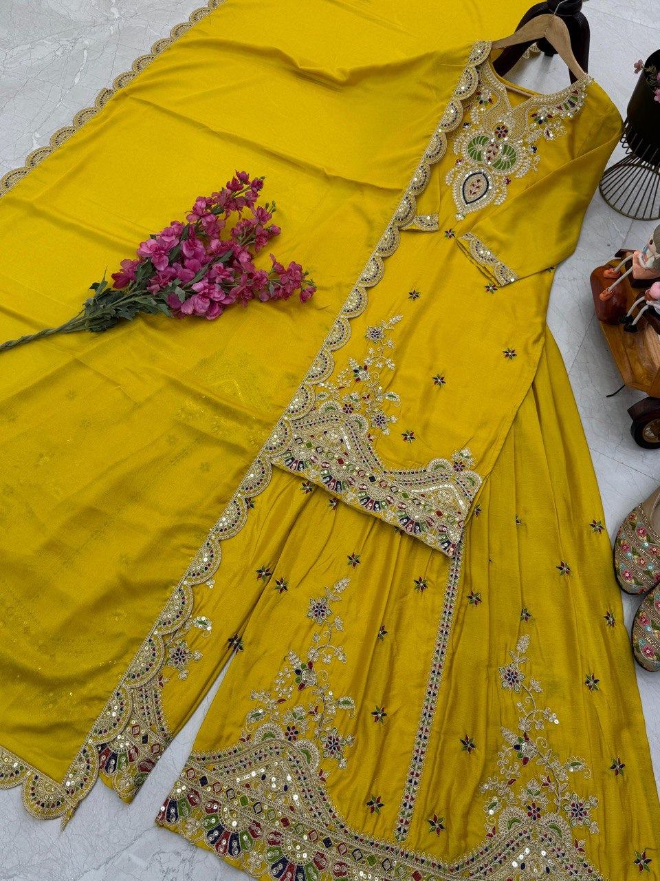 Yellow Color Embroidered Wedding Wear Chinon Silk Sharara Suit
