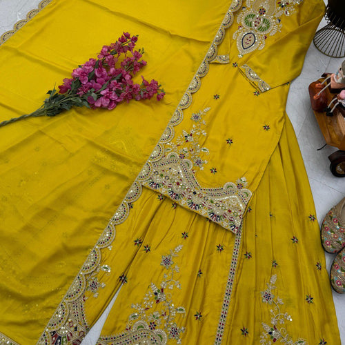 Yellow Color Embroidered Wedding Wear Chinon Silk Sharara Suit