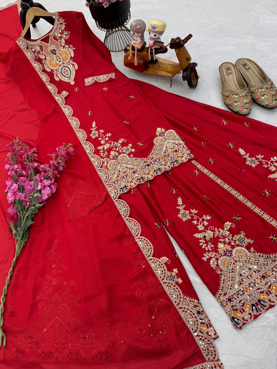Red Color Embroidered Wedding Wear Chinon Silk Sharara Suit