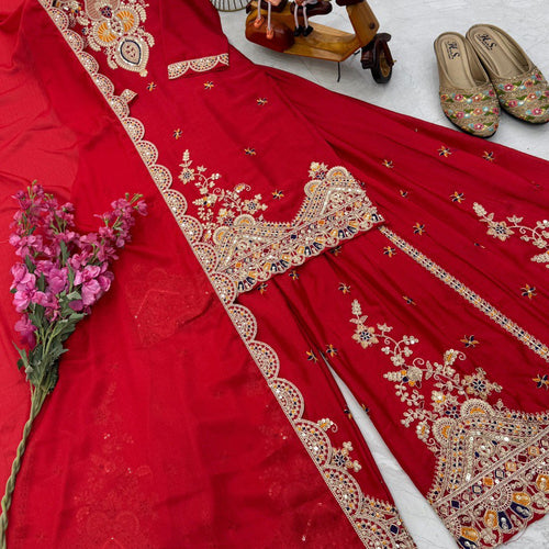 Red Color Embroidered Wedding Wear Chinon Silk Sharara Suit
