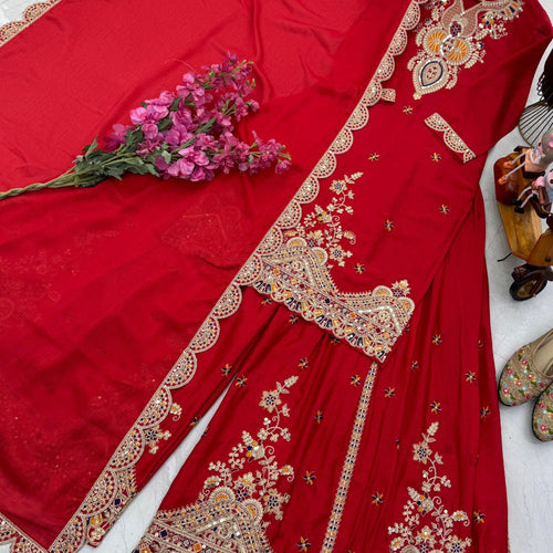 Red Color Embroidered Wedding Wear Chinon Silk Sharara Suit