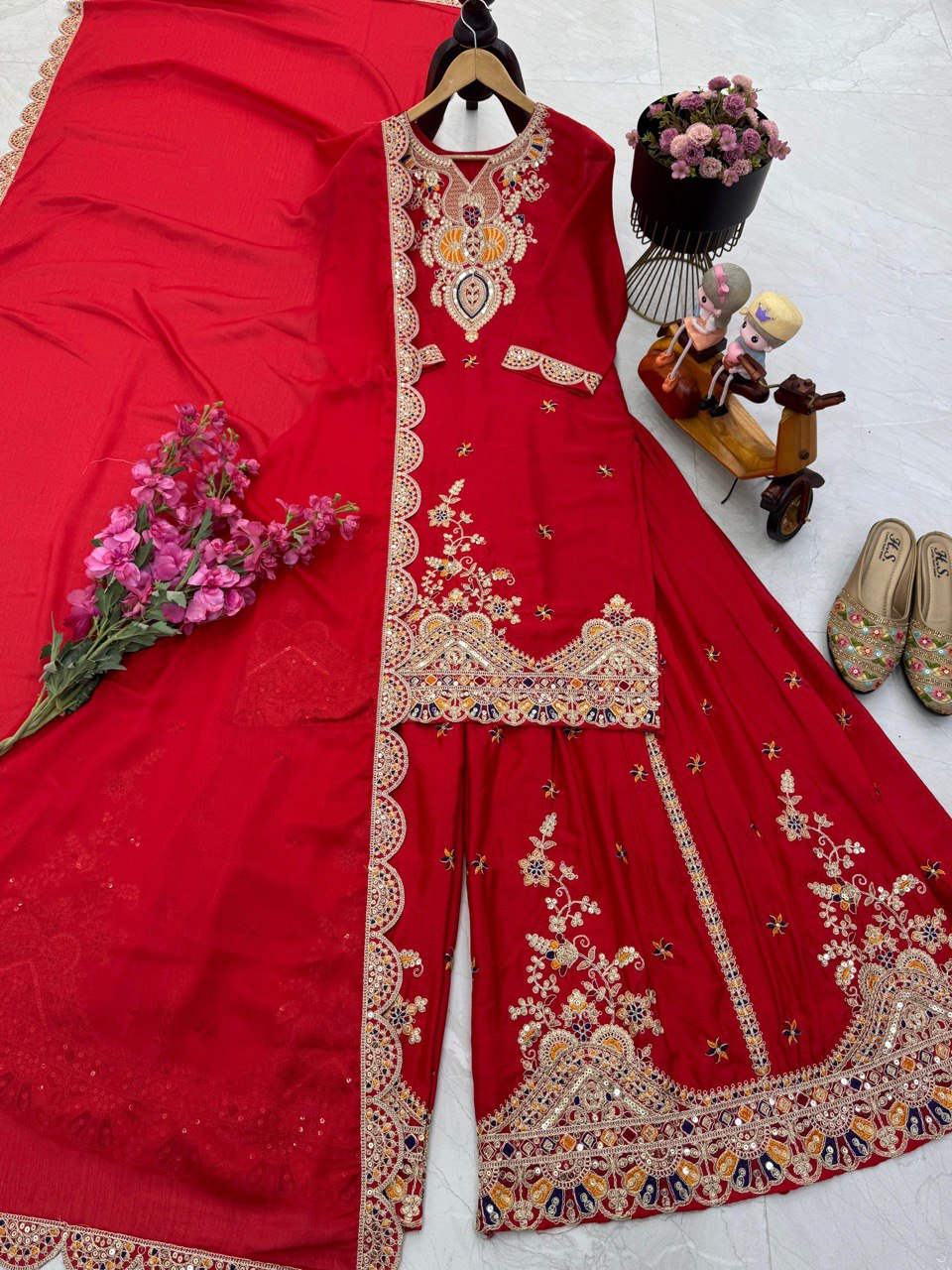 Red Color Embroidered Wedding Wear Chinon Silk Sharara Suit