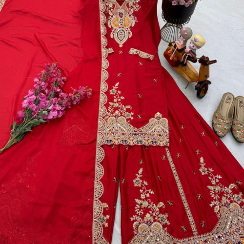 Red Color Embroidered Wedding Wear Chinon Silk Sharara Suit
