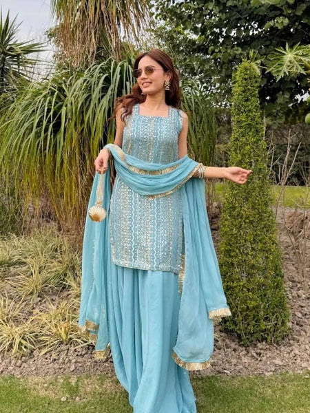 Sky Blue Color Sequence Work Designer Georgette Palazzo Suit