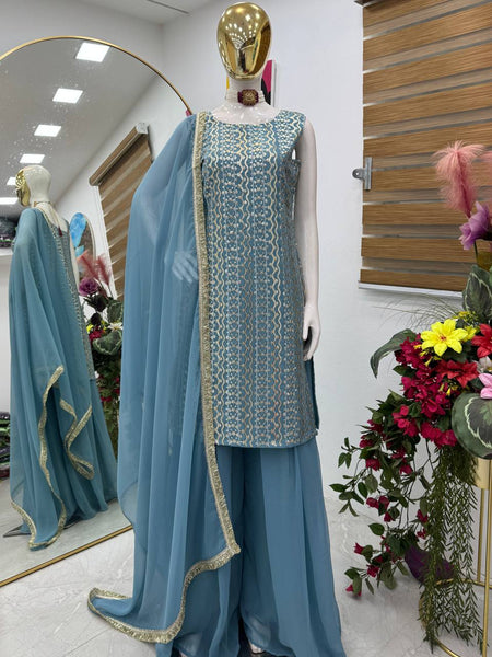 Sky Blue Color Sequence Work Designer Georgette Palazzo Suit