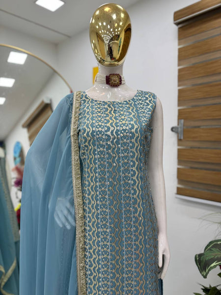Sky Blue Color Sequence Work Designer Georgette Palazzo Suit