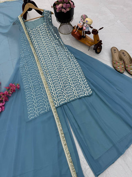 Sky Blue Color Sequence Work Designer Georgette Palazzo Suit