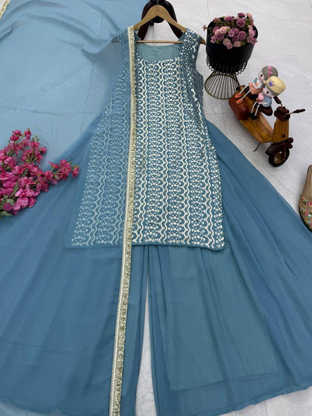 Sky Blue Color Sequence Work Designer Georgette Palazzo Suit