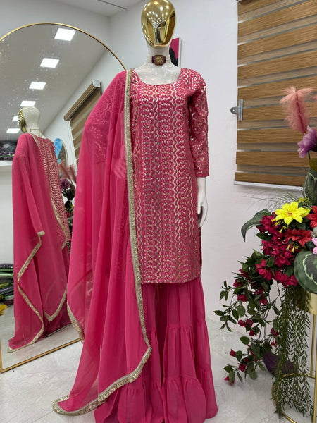 Pink Color Sequence Work Designer Georgette Palazzo Suit