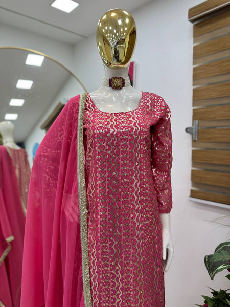 Pink Color Sequence Work Designer Georgette Palazzo Suit