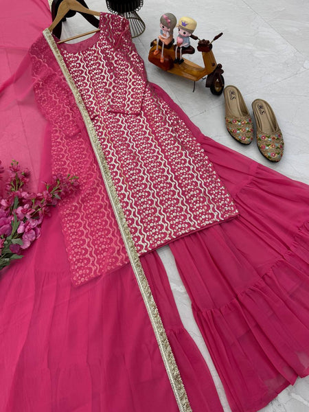 Pink Color Sequence Work Designer Georgette Palazzo Suit