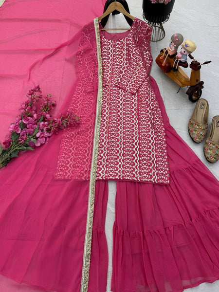 Pink Color Sequence Work Designer Georgette Palazzo Suit