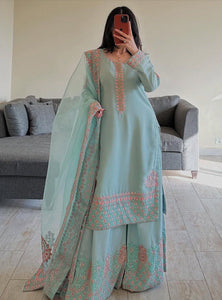 Sky Blue Color Embroidery Georgette Designer Palazzo Suit