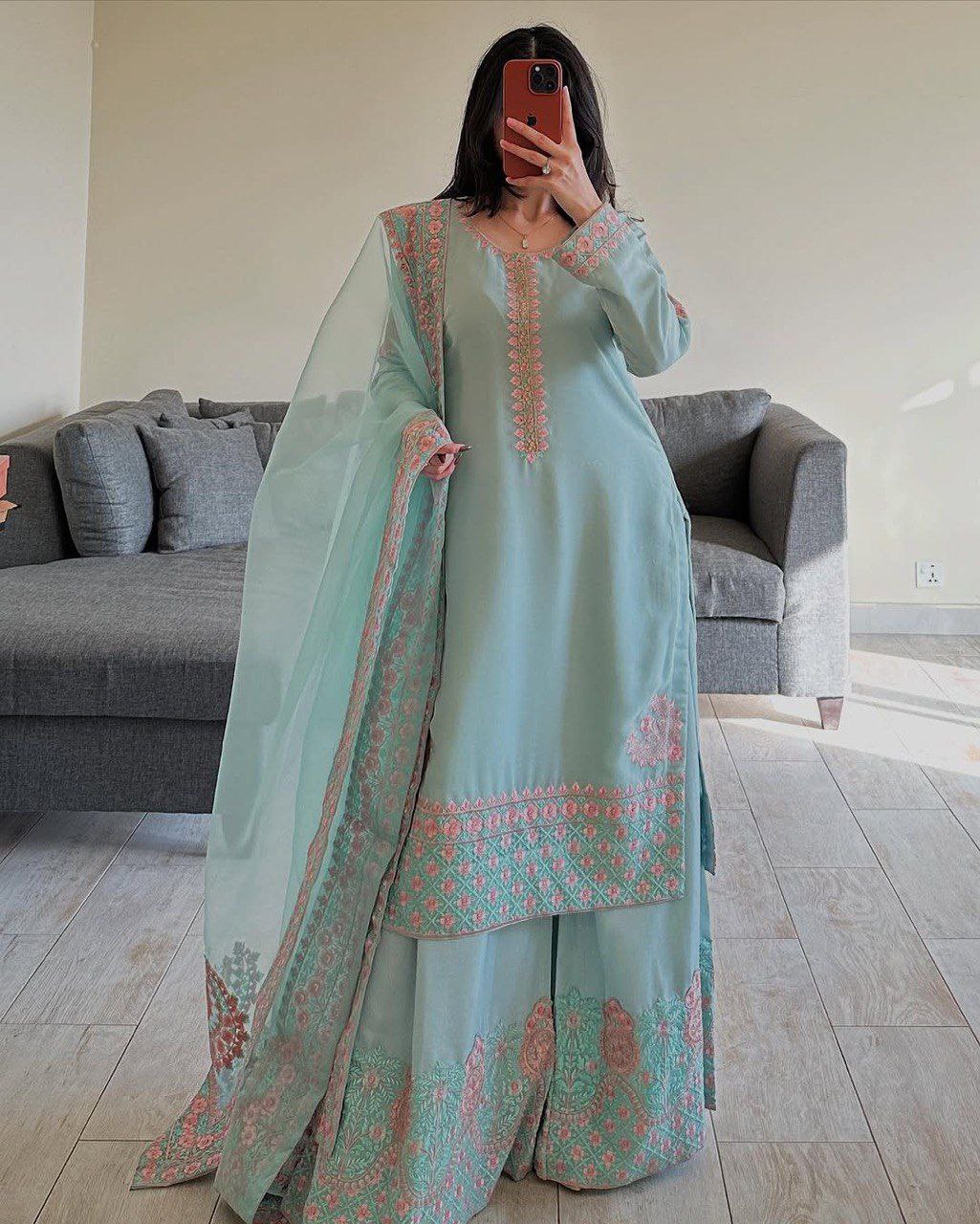 Sky Blue Color Embroidery Georgette Designer Palazzo Suit