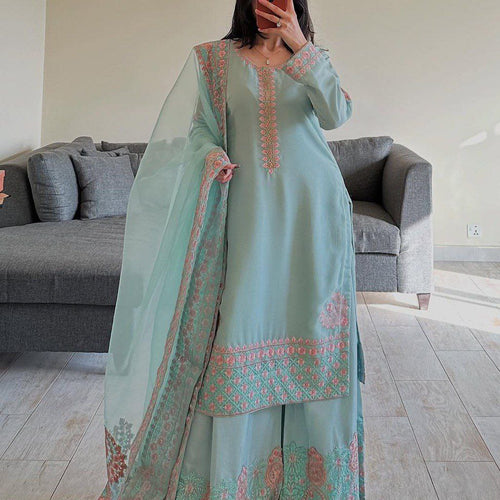 Sky Blue Color Embroidery Georgette Designer Palazzo Suit