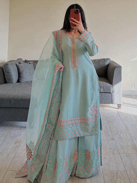 Sky Blue Color Embroidery Georgette Designer Palazzo Suit